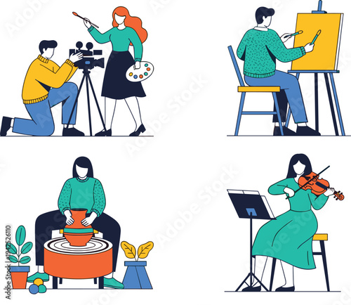 Set of creative people characters engaged in painting, filmmaking, pottery, and playing violin isolated on white background