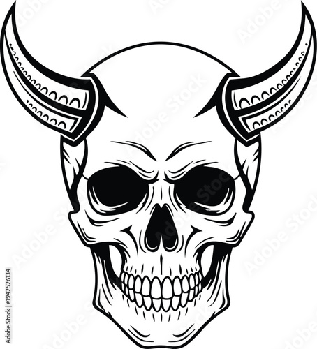 Black and white silhouette skull with horns, gothic fantasy art, intense design, dark texture