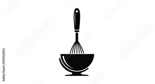 Black silhouette of a whisk resting above a rounded mixing bowl