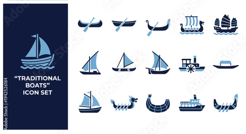 A collection of diverse traditional boats and sailing vessels illustrated in blue and white Vector