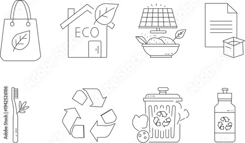 Essential outline vector icons representing sustainable living, environmental conservation, and eco-friendly practices for a greener world