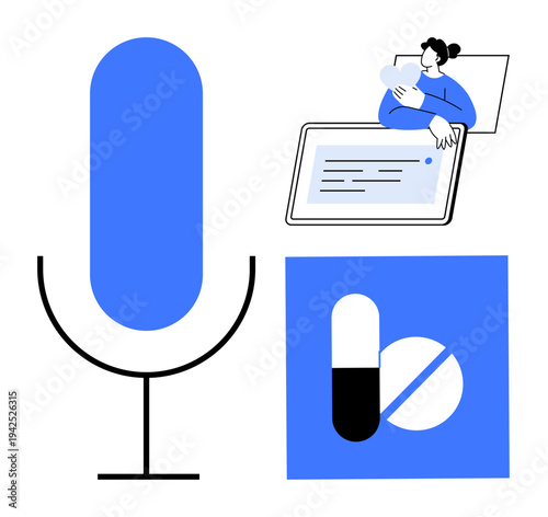 Healthcare technology. Healthcare merging voice recognition, digital consultation, and online prescriptions. Healthcare innovation supporting telemedicine, virtual care, digital health solutions