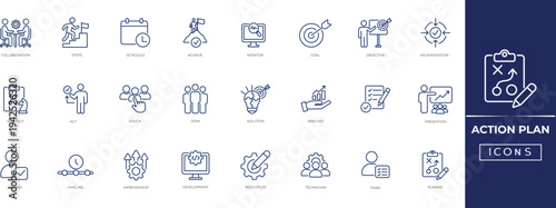 Action plan icon set for business strategy, Goal, Achieve, Strategy, analysis, Monitor, resource, task management, goal tracking, and execution workflows. Outline icon collection.