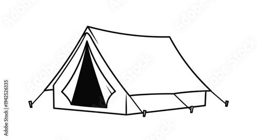 Simple black and white line drawing of a classic camping tent