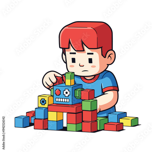 Little boy playing with colorful blocks and robot toy