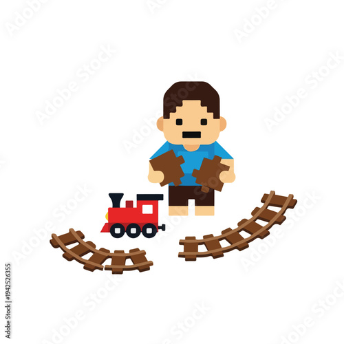 Pixel art boy playing with toy train tracks and locomotive