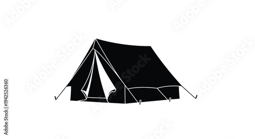 Simple black silhouette of a classic camping tent on a white background