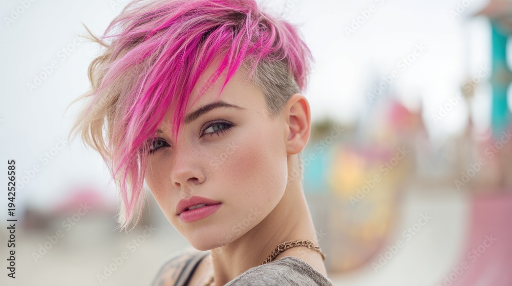 Fototapeta premium Young Caucasian woman in her 20s with fair skin poses with a bright pink mohawk haircut. She wears a grey shirt and gold chain necklace outdoors.