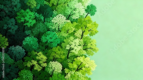 Aerial view of a dense green forest with varied tree canopies against a light green background