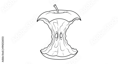 A detailed black and white illustration of a partially eaten apple core