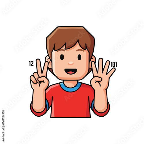 Cheerful cartoon boy showing twelve minus three on his fingers