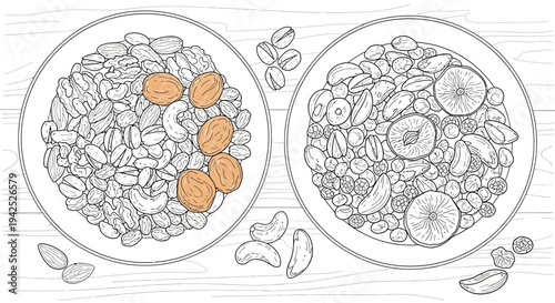 Outline drawing of two bowls filled with various nuts, seeds, and dried fruits on a wooden table.