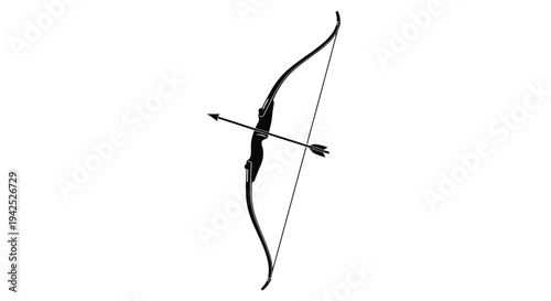 A black silhouette of a recurve bow with an arrow nocked and ready
