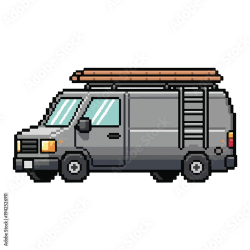 Pixel art illustration of a gray van with a surfboard on top