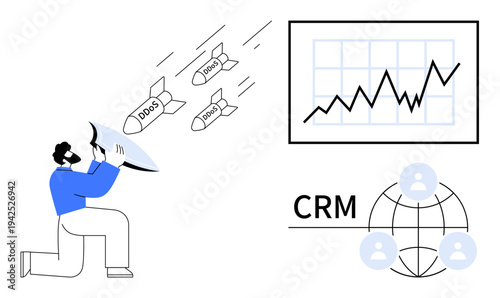 Cybersecurity, data protection, DDoS mitigation, customer management, business analytics, teamwork. A person shields against cyberthreats with a chart and CRM network. Cybersecurity and data