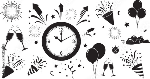 New Year's Eve Celebration with Clock and Party Symbols