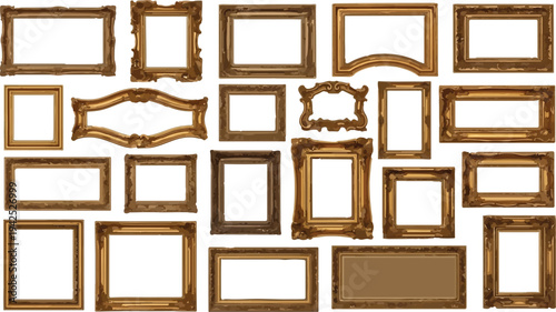 Set of 20 Empty Ornate Gold Picture Frames Vector Collection for Art Display, Gallery Mockups, and Decorative Design Elements