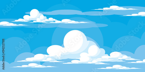 Illustration of a blue sky with white clouds in a flat style. Blue sky background and white clouds. Cartoon sky