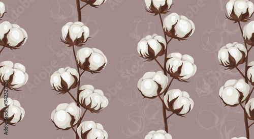 Seamless pattern of cotton plant branches with soft white bolls on a muted brown background for textile wallpaper and home decor design.