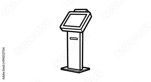 Simple line drawing of a freestanding digital kiosk with a touchscreen display