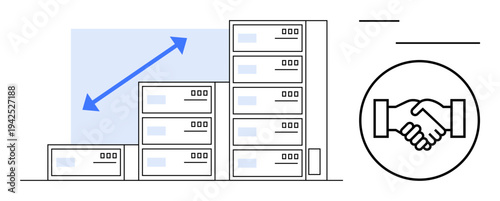 Data storage concept. Data storage ed by server stacks highlighting digital infrastructure growth. Data storage and business collaboration by handshake icon. Use for tech, finance, IT services