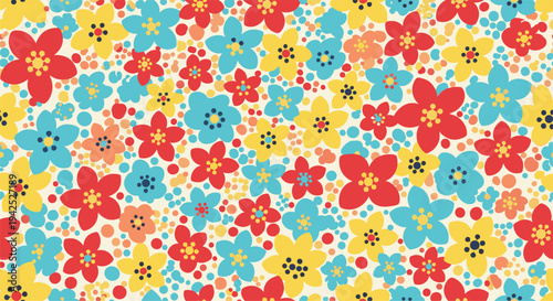 Vibrant seamless pattern with red yellow and blue flowers of various sizes on a light background for cheerful textile or stationary designs.