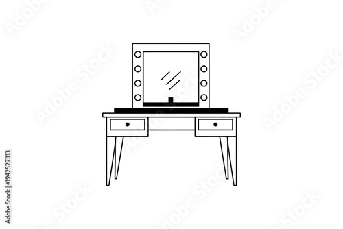 A vanity table with a mirror and drawers in a minimalist style
