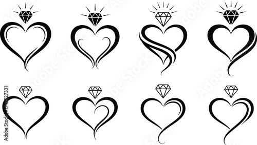 Set of elegant heart silhouettes with diamond icons, representing love, engagement, luxury jewelry, marriage proposals, and romantic
