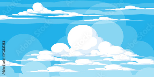 Illustration of a blue sky with white clouds in a flat style. Blue sky background and white clouds. Cartoon sky