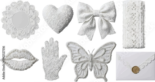 Elegant White Lace and Embroidered Elements Vector Set for Wedding Invitations, Romantic Decorations, and Feminine Design Projects