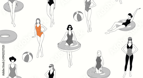 Seamless pattern of women in various swimsuits with beach balls and inner tubes on a light background for summer and vacation designs.