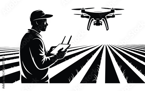 Modern farmer using drone for smart agriculture automation, pure black and white silhouette illustration, innovative farming technology concept with aerial drone monitoring crops, minimalist high