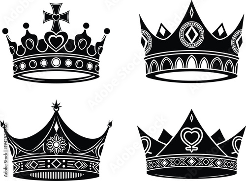 Set of four black and white royal crown silhouettes with intricate jewels, hearts, and crosses for king, queen, or luxury branding.