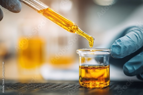 Scientist dropping yellow liquid into beaker in lab