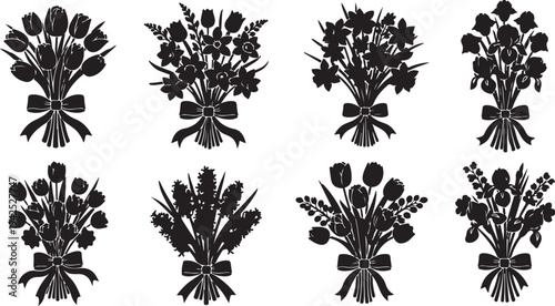 Collection of black floral silhouettes on white background