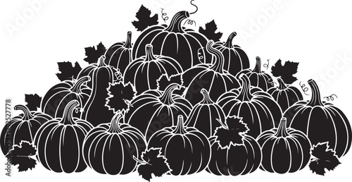 Black and white illustration of a pumpkin patch pile