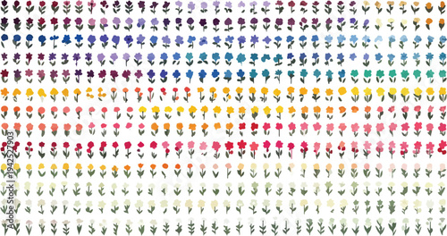 Large set of 300 small, colorful, flat design flower icons with green stems and leaves, ideal for spring, nature, or floral-themed digital projects and graphic design.