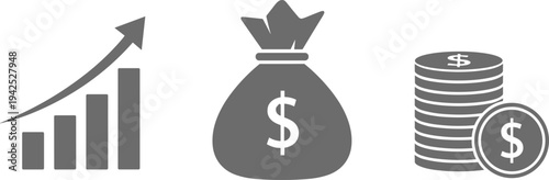 Set of grey minimalist financial icons including bar chart with growth arrow, money bag, and stacked dollar coins, vector illustration.