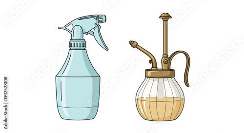 Two types of plant sprayers one modern plastic bottle and one vintage glass and brass mister for gardening and home plant care themes.