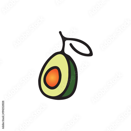 Avocado Delight: A vibrant illustration of a sliced avocado, revealing its creamy flesh and a golden seed, adorned with a delicate leaf.Vector illustration of apple and pear fruits with green leaves f