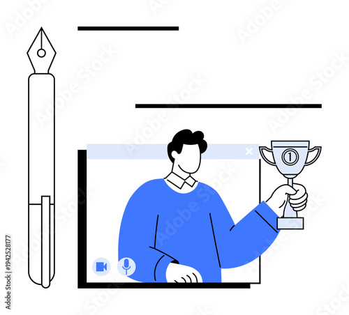 Man holding trophy on video call represents online achievement and recognition. Ideal for education, remote work, motivation, awards, success, digital events, virtual communication