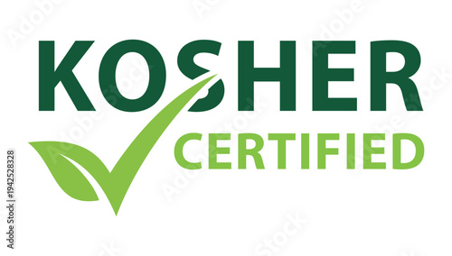 Green Kosher Certified Label with Leafy Checkmark Graphic for Food Packaging Compliance and Natural Dietary Standard Verification