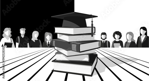 Monochromatic illustration depicting a diverse group of students and professionals gathered around a stack of books topped with a graduation cap, symbolizing education and knowledge.