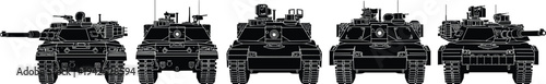 Armored military tank silhouettes collection, modern combat armored vehicles front view set, battlefield defense equipment isolated detailed vector illustration