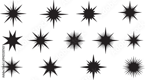 Collection of black starburst shapes on white background