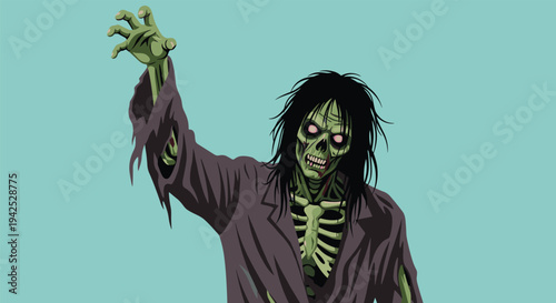 Spooky zombie character with green skin and glowing eyes reaching out against a teal background in a vintage comic art style illustration.