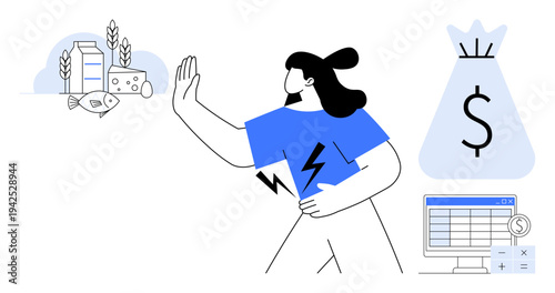 Woman gestures to avoid high grocery costs with food items, calculator, and sack with dollar sign. Ideal for budgeting, cost management, financial planning, expense control, rising prices, fiscal