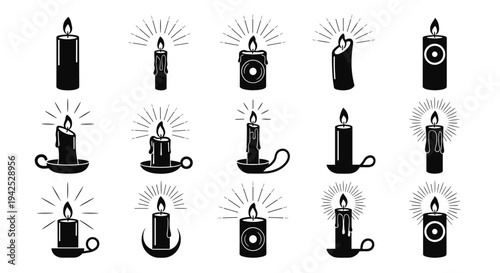 Set of Lighted Candle Silhouettes and Wax Icons with Glowing Flames and Holders for Spiritual Religious Ritual Celebration Birthday Memorial and Decorative Concept Vector