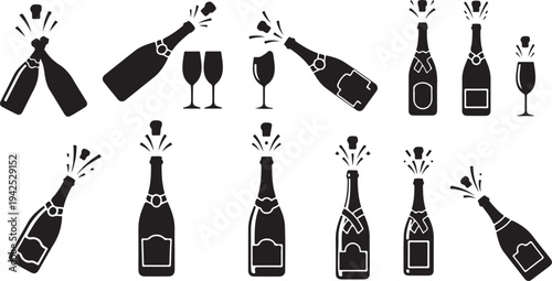 Black and white champagne bottles and glasses celebration icons
