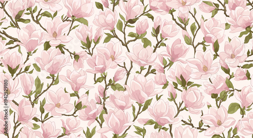 Beautiful seamless pattern of blooming pink magnolia flowers on brown branches with green leaves over a soft cream colored background.